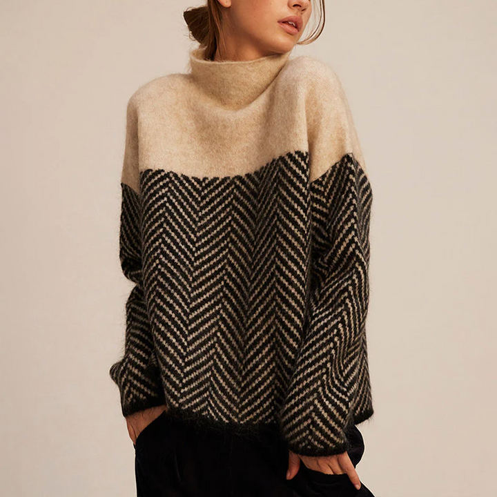 Arla oversized turtleneck sweater with chevron pattern in beige and black, front view