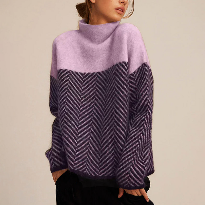 Arla turtleneck sweater with chevron pattern in lavender and purple, side view