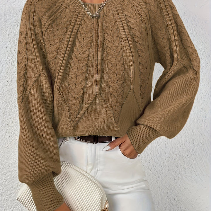 Astrid camel cable-knit sweater, close-up detail