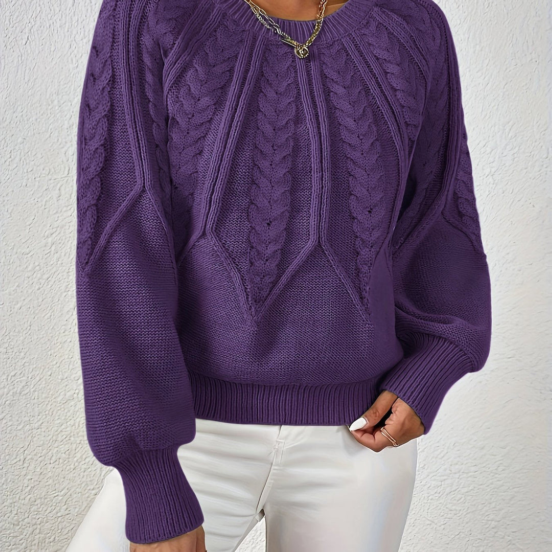 Astrid purple cable-knit sweater, close-up detail