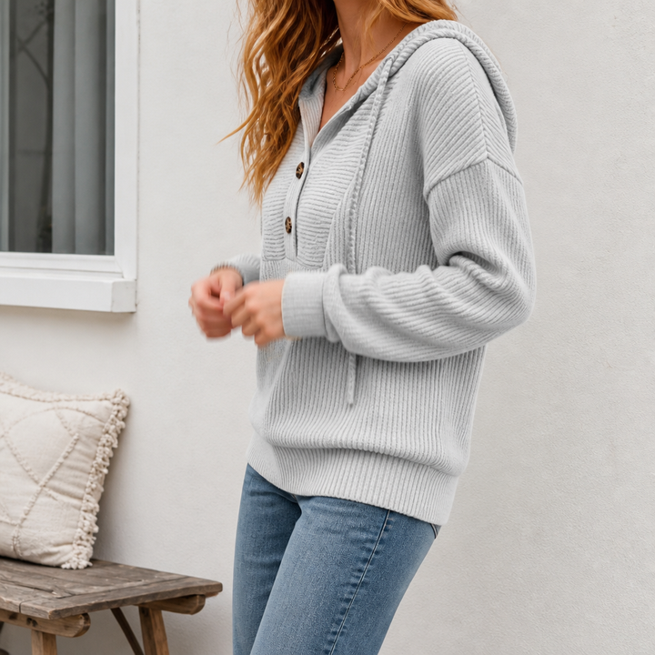 Aurelia ribbed hoodie sweater, back view walking outdoors