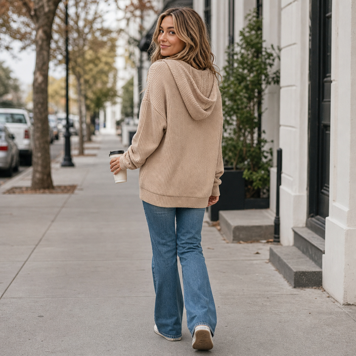 Aurelia ribbed hoodie sweater, back view walking outdoors