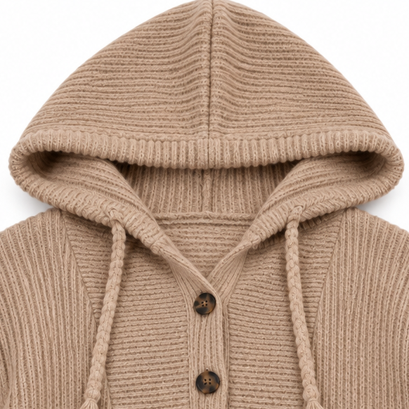 Aurelia ribbed hoodie sweater, back view walking outdoors