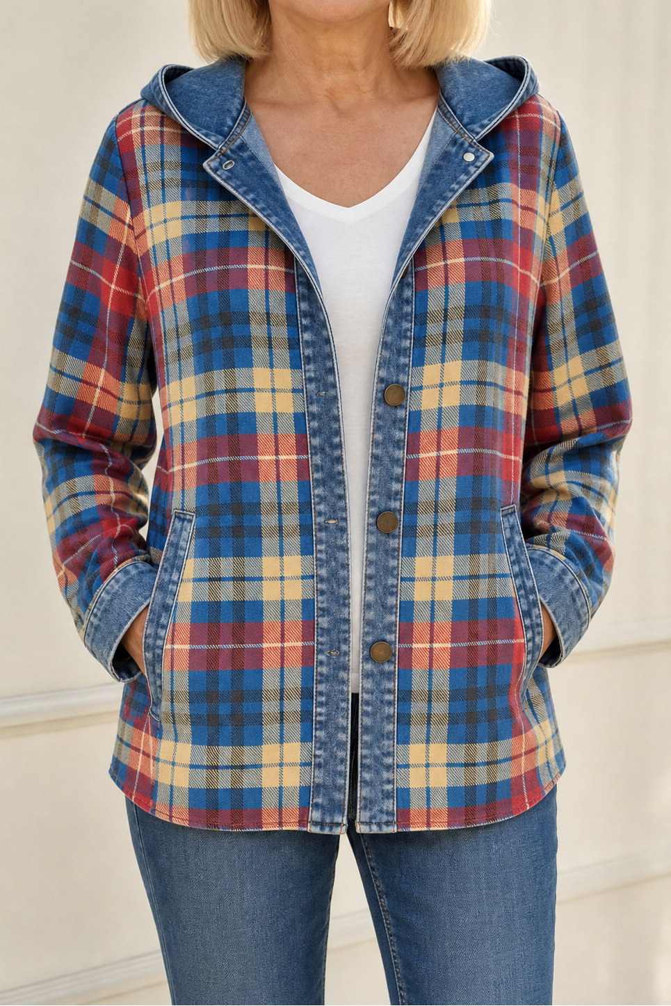 Beatrix denim-trim hooded knit cardigan, close-up front view with buttons