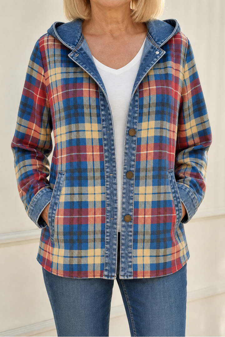 Beatrix denim-trim hooded knit cardigan, close-up front view with buttons