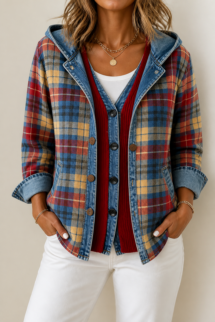 Beatrix hooded knit cardigan, styled with jeans and boots, full front view