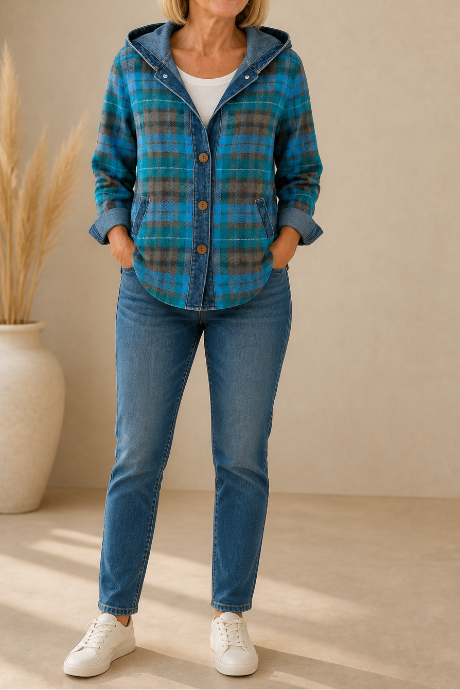 Beatrix hooded knit cardigan, styled with jeans and boots, full front view