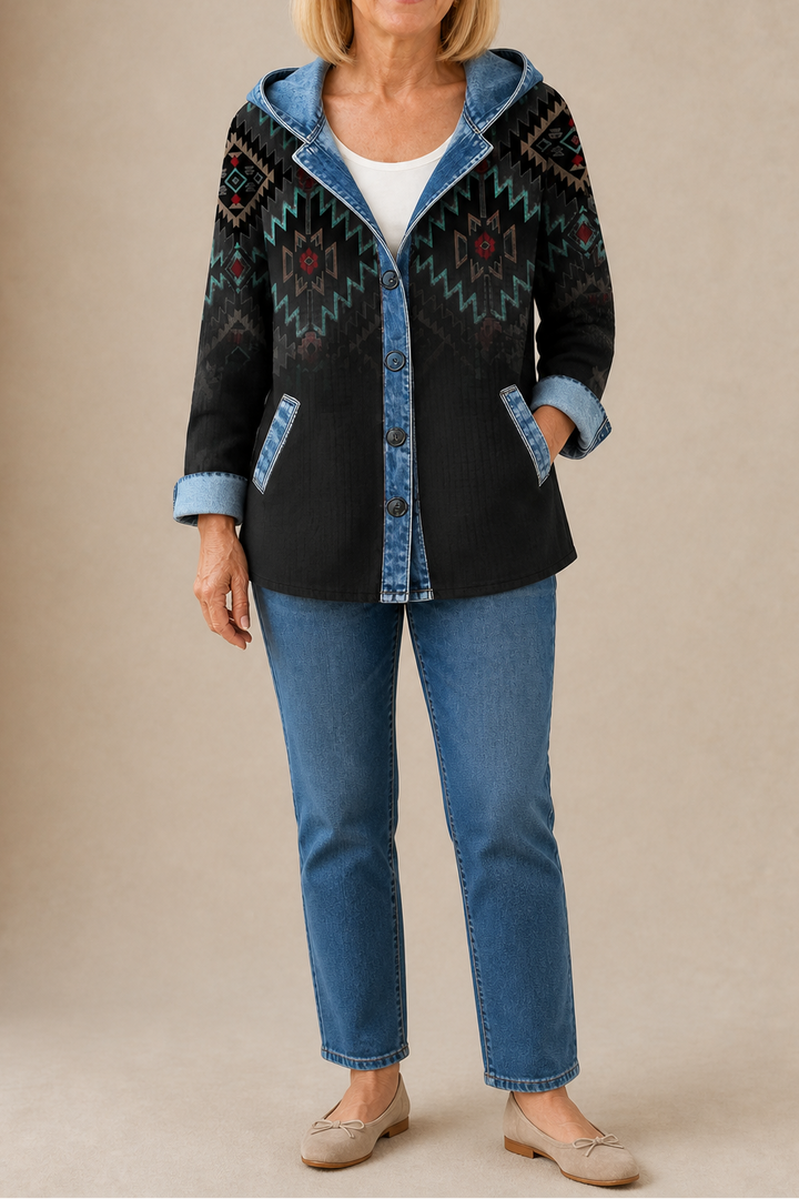 Beatrix hooded knit cardigan, styled with jeans and boots, full front view