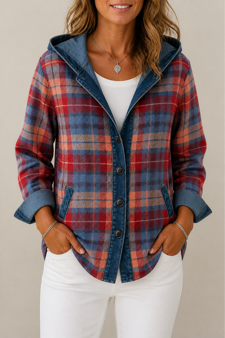 Beatrix hooded knit cardigan, styled with jeans and boots, full front view