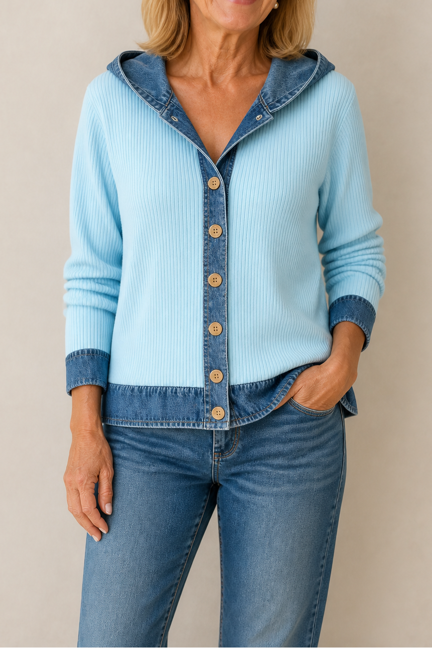 Beatrix hooded knit cardigan, styled with jeans and boots, full front view