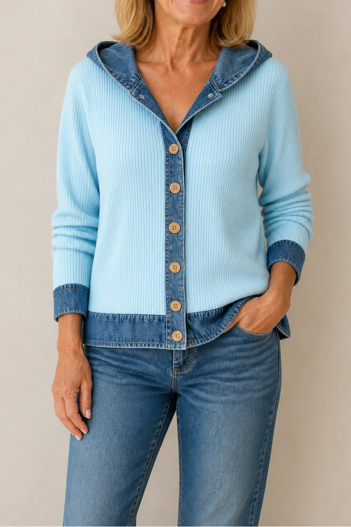 Beatrix hooded knit cardigan, styled with jeans and boots, full front view