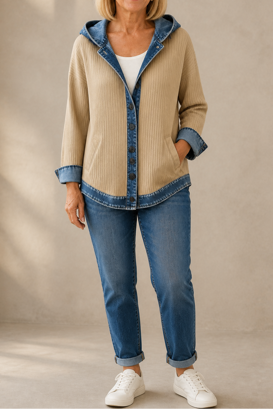 Beatrix hooded knit cardigan, styled with jeans and boots, full front view