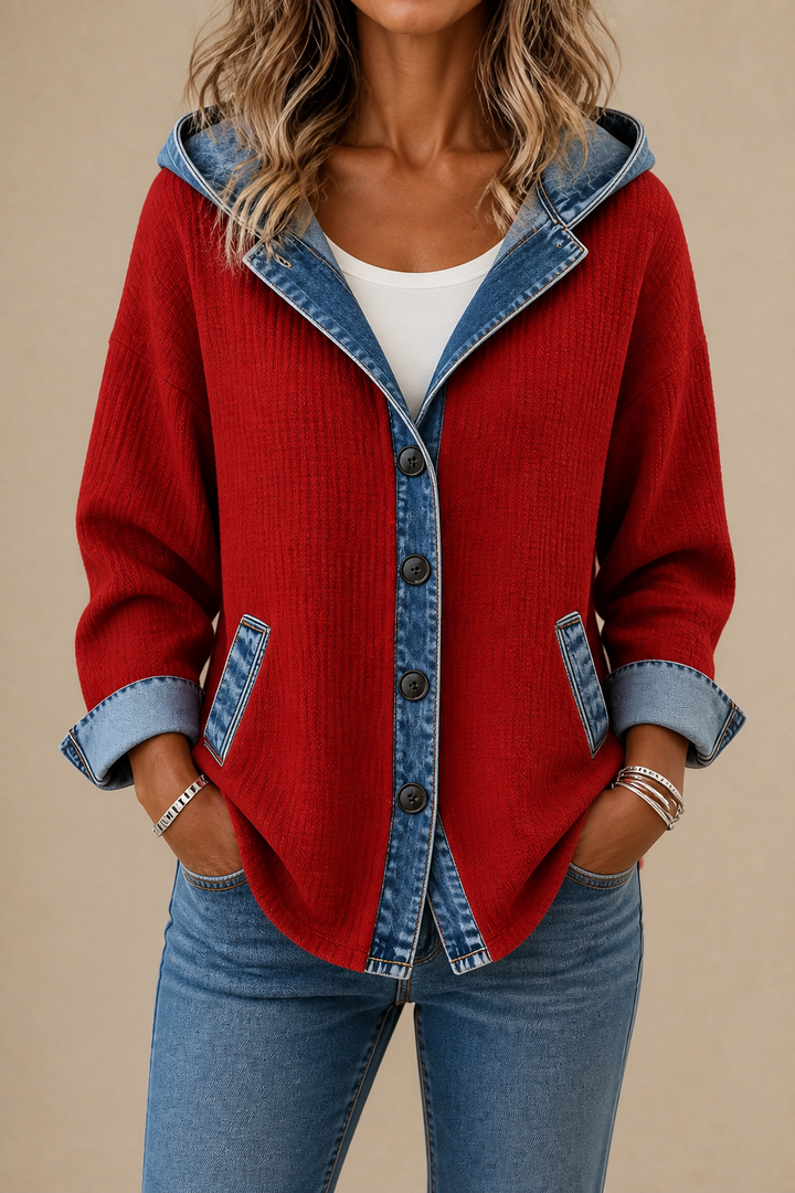 Beatrix hooded knit cardigan, styled with jeans and boots, full front view