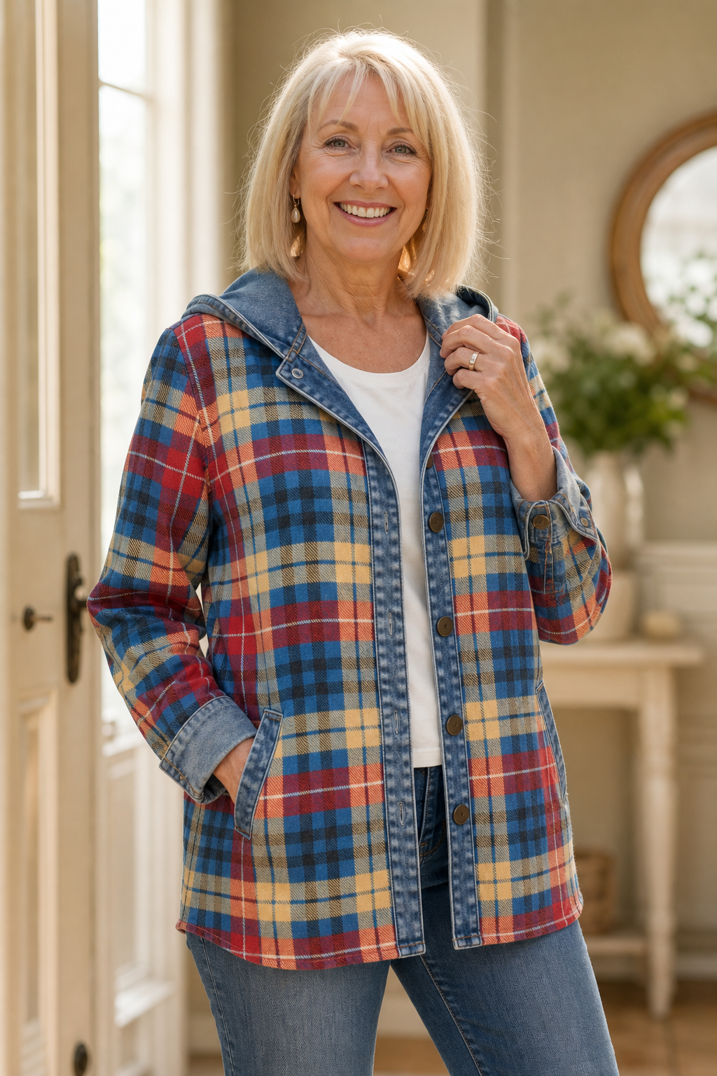 Beatrix hooded knit cardigan, front view with hood pulled up