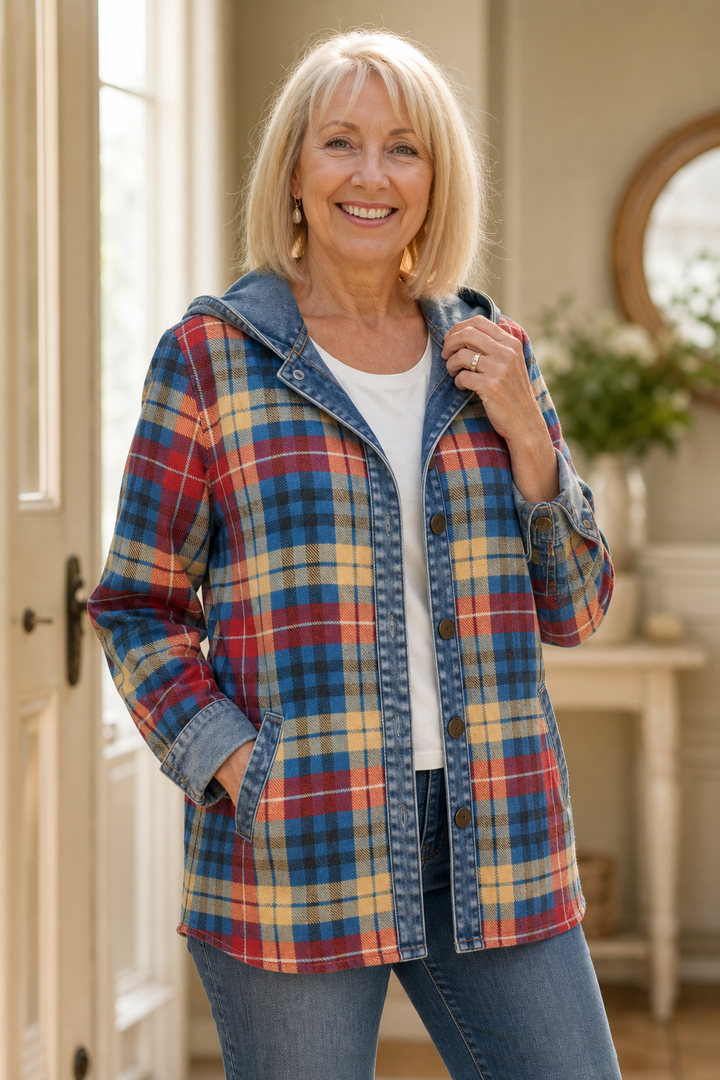 Beatrix hooded knit cardigan, front view with hood pulled up