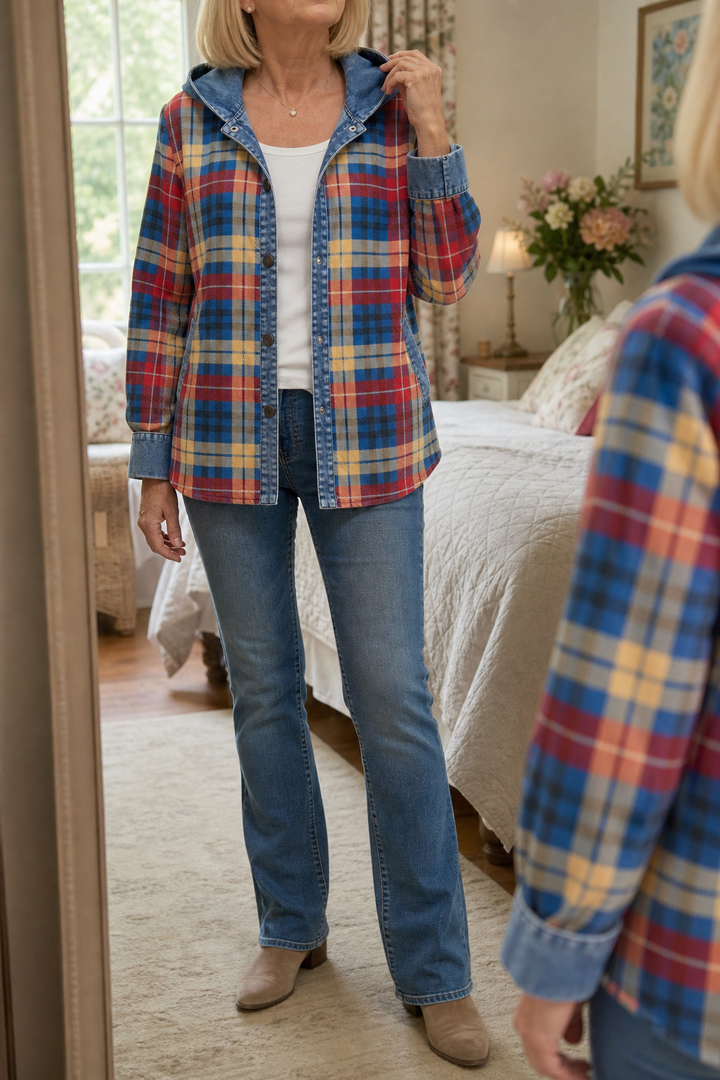 Beatrix hooded knit cardigan, styled with jeans and boots, full front view