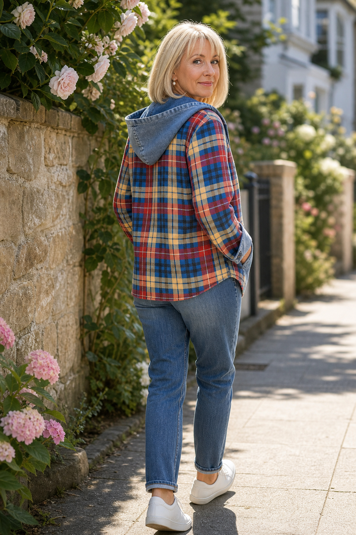 Beatrix hooded knit cardigan, styled with jeans and boots, full front view