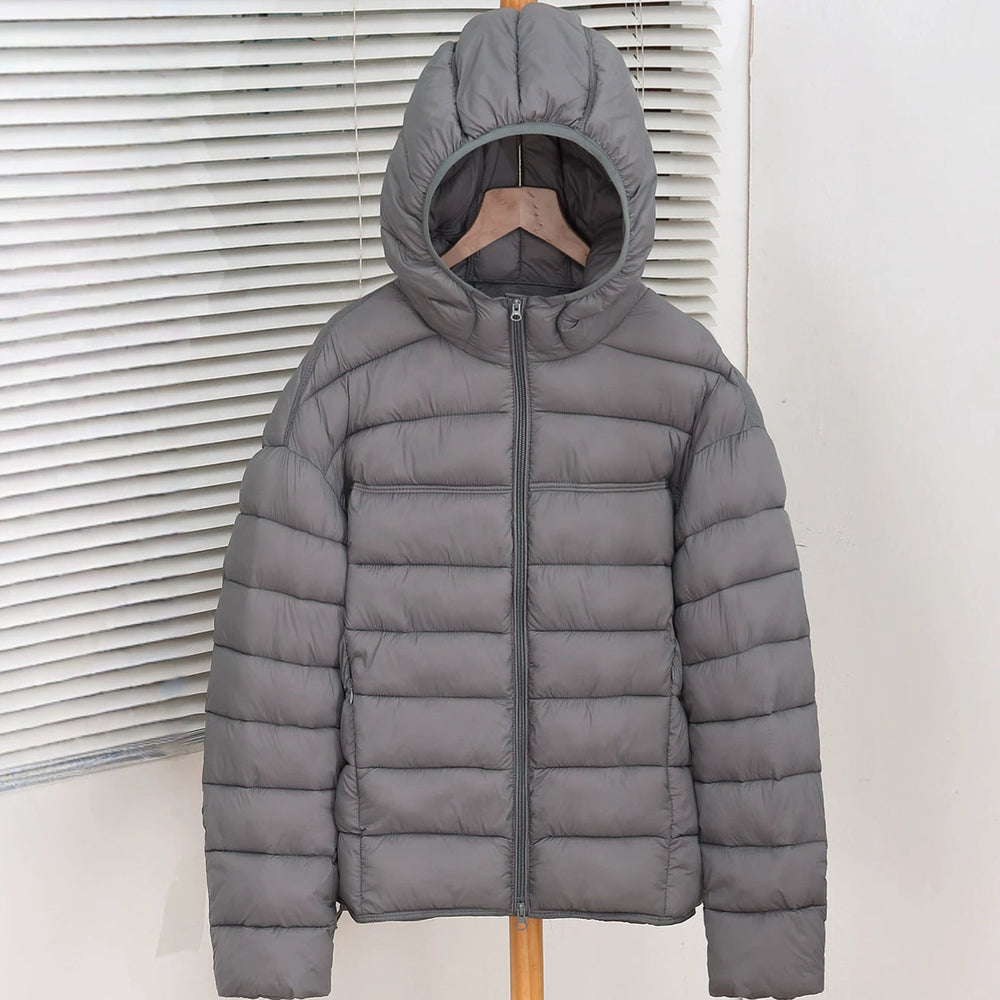 Bellamy smoke grey lightweight hooded puffer jacket, front view on hanger