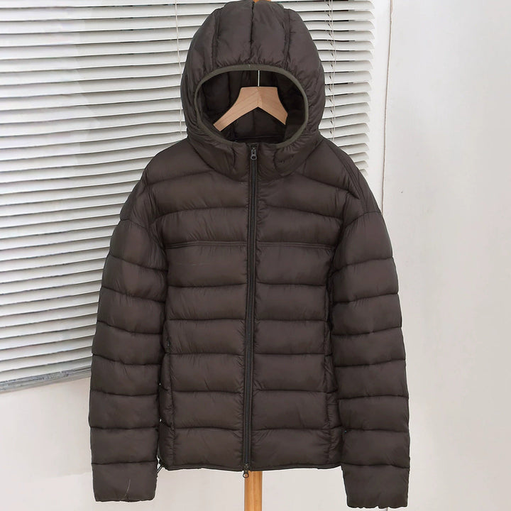 Bellamy coffee brown lightweight hooded puffer jacket, front view on hanger