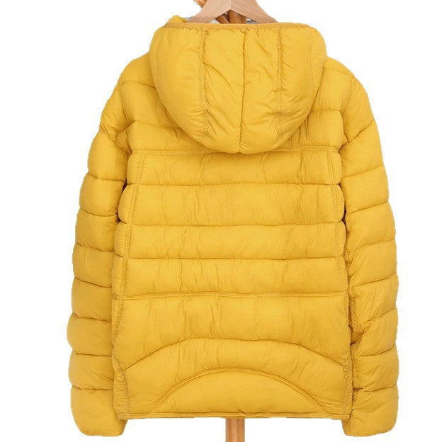 Bellamy coffee brown lightweight hooded puffer jacket, front view on hanger