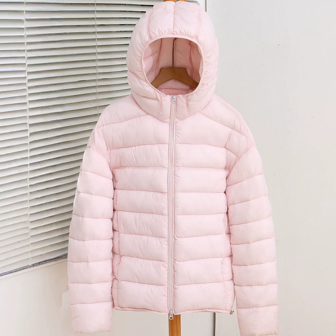 Bellamy coffee brown lightweight hooded puffer jacket, front view on hanger