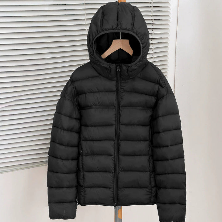 Bellamy coffee brown lightweight hooded puffer jacket, front view on hanger