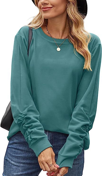 Bettina pleated round neck sweatshirt in green, close-up front view