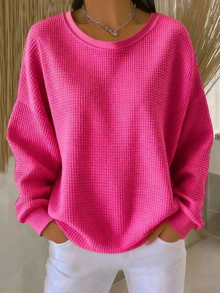 Blair oversized waffle knit sweater in fuchsia, front view
