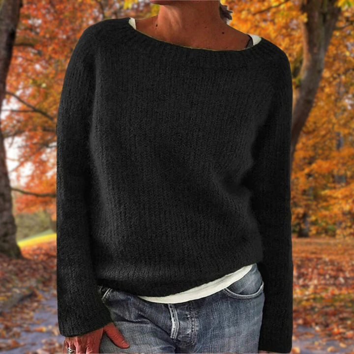 Calliope boat neck knit sweater in black, front view