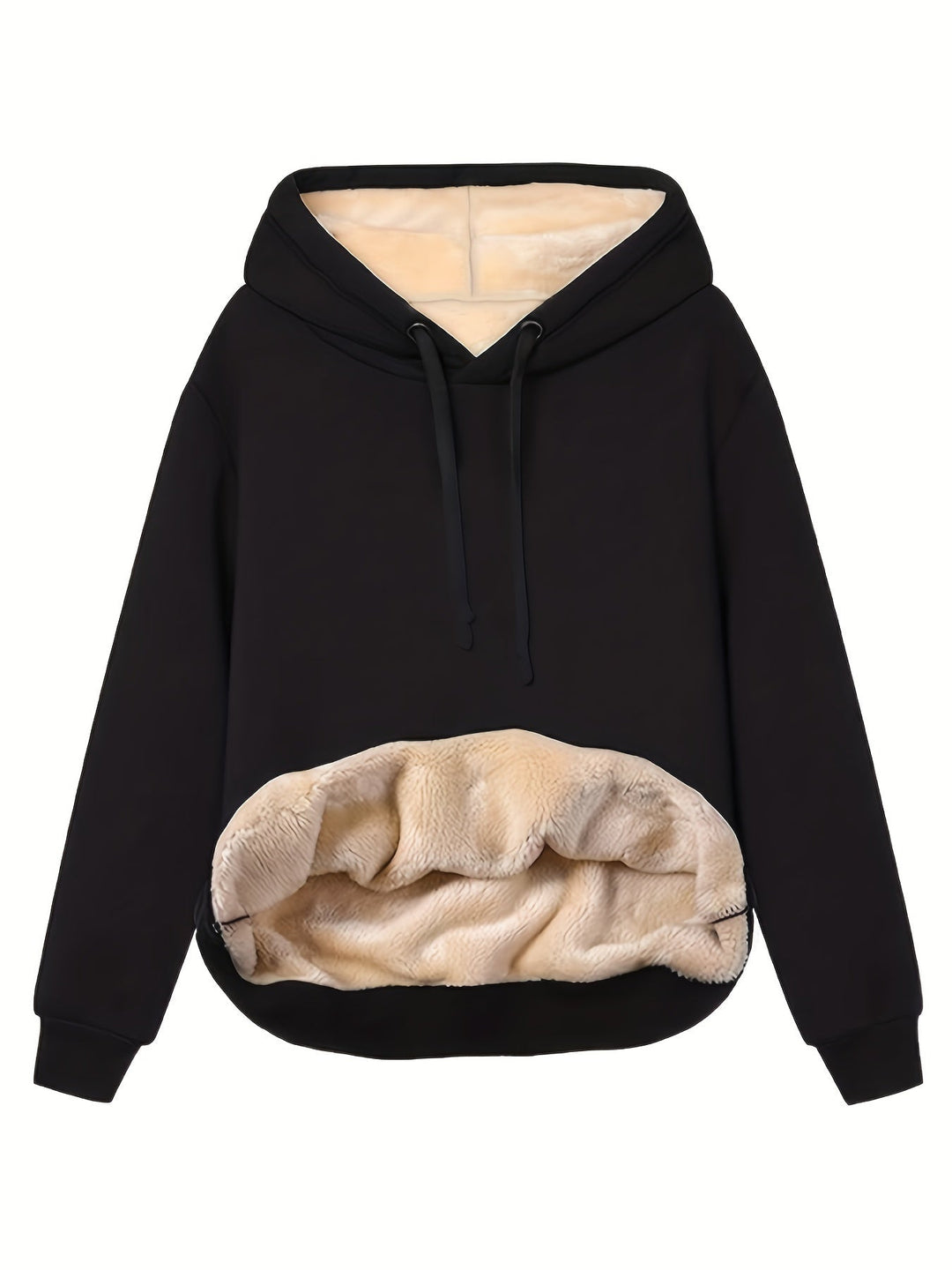 Calliope oversized fleece-lined hoodie in black, front view with hood and kangaroo pocket