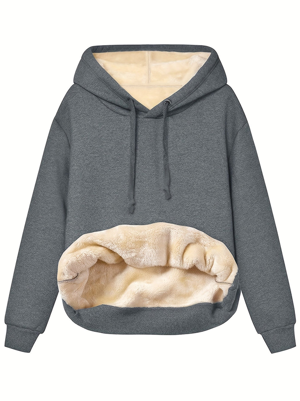 Calliope oversized fleece-lined hoodie in charcoal grey, front view showing plush lining