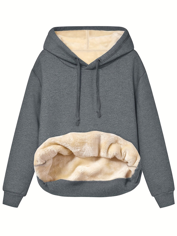Calliope oversized fleece-lined hoodie in charcoal grey, front view showing plush lining