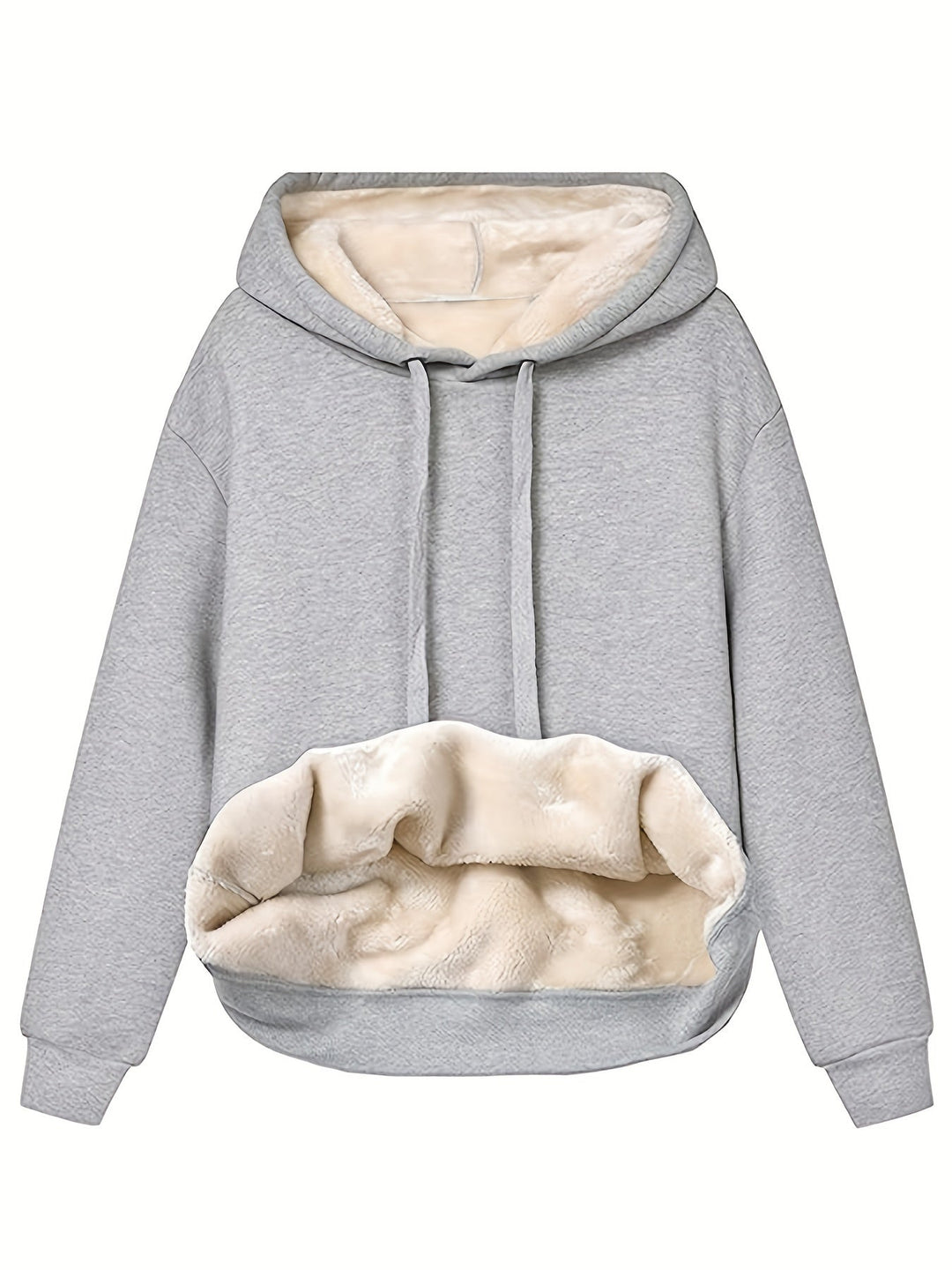 Calliope oversized fleece-lined hoodie in light grey, front view with drawstring hood