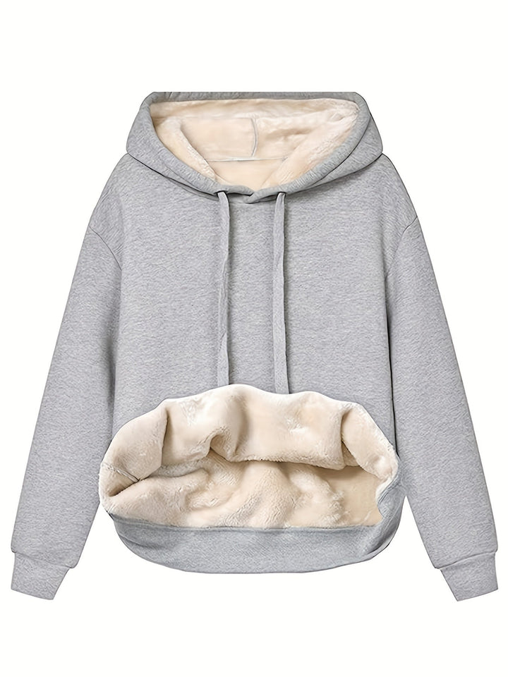 Calliope oversized fleece-lined hoodie in light grey, front view with drawstring hood