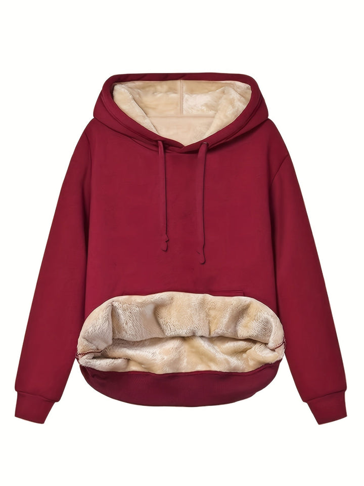 Calliope oversized fleece-lined hoodie in burgundy red, front view with kangaroo pocket