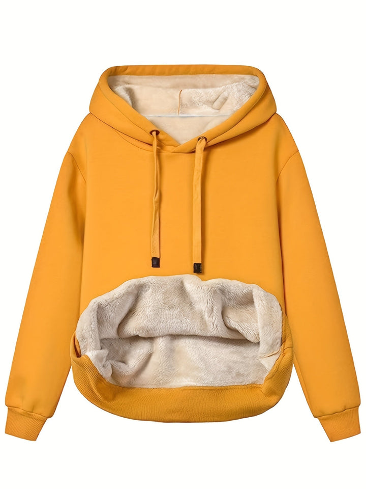 Calliope oversized fleece-lined hoodie in mustard yellow, front view with hood