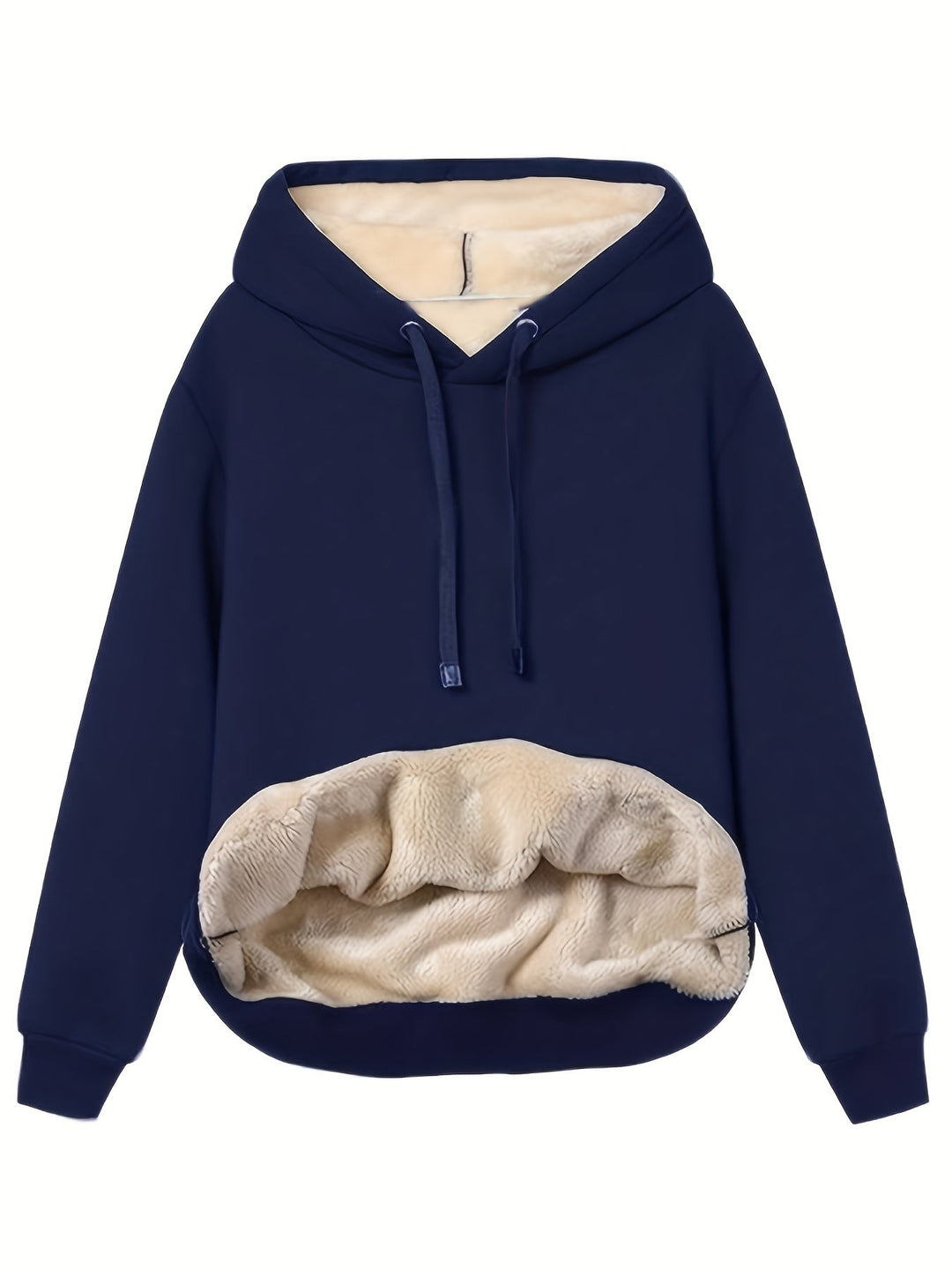 Calliope oversized fleece-lined hoodie in navy blue, front view with plush pocket lining