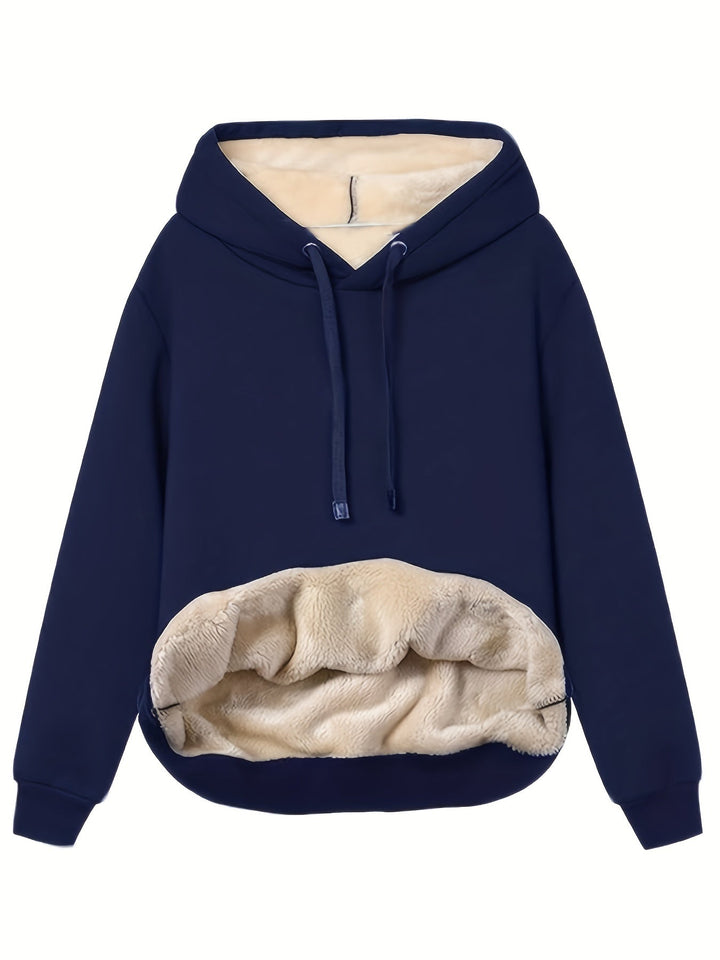 Calliope oversized fleece-lined hoodie in navy blue, front view with plush pocket lining