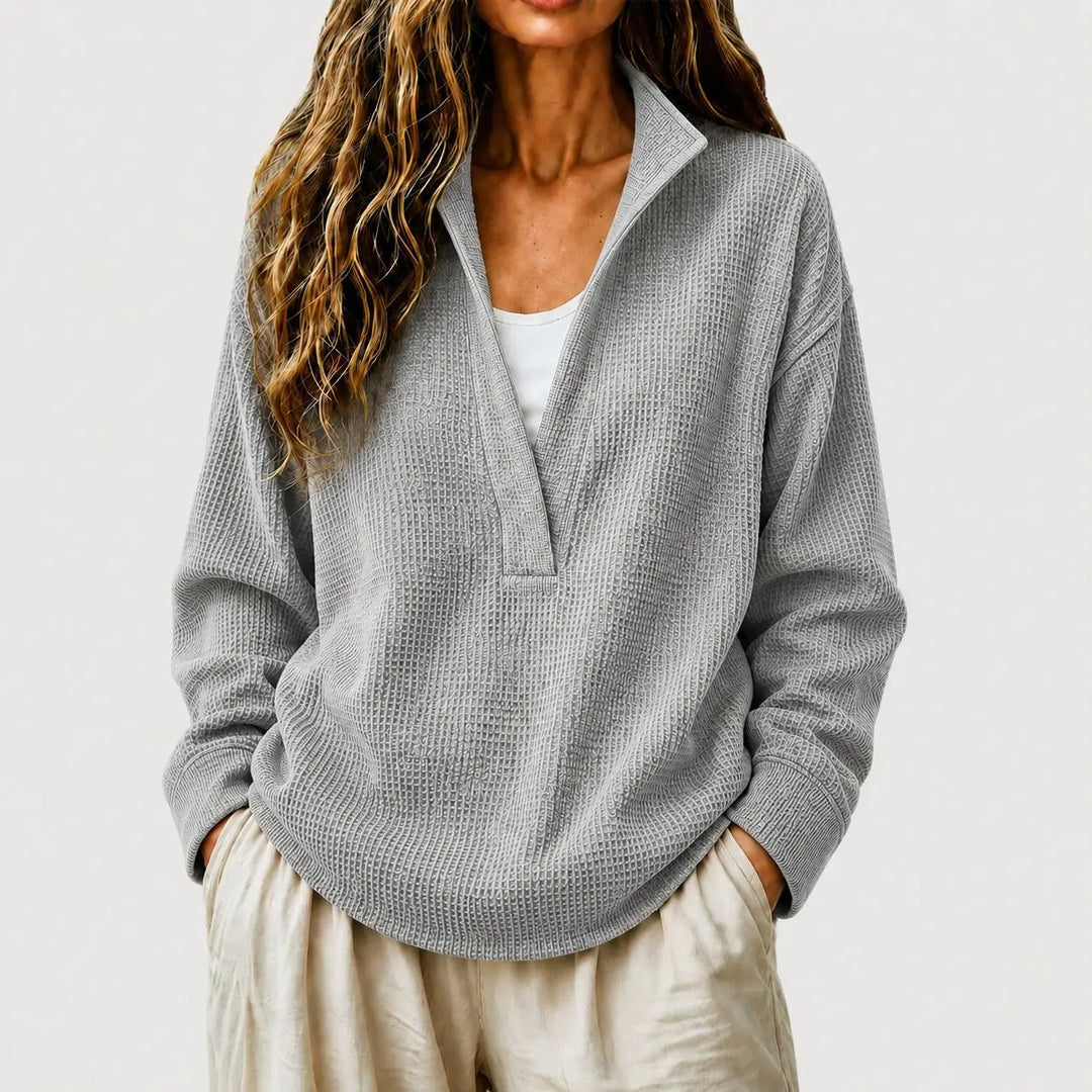 Callista split collar pullover sweater in gray, front view