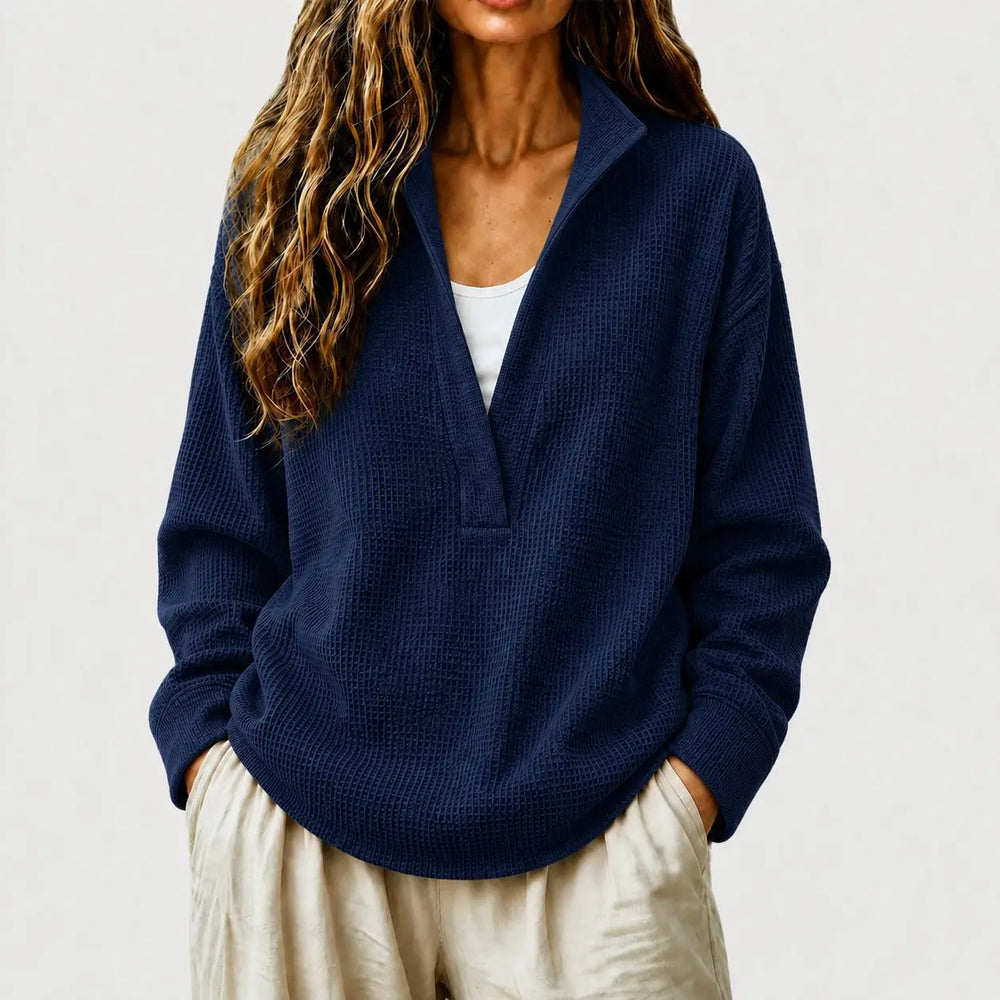 Callista split collar pullover sweater in navy blue, front view