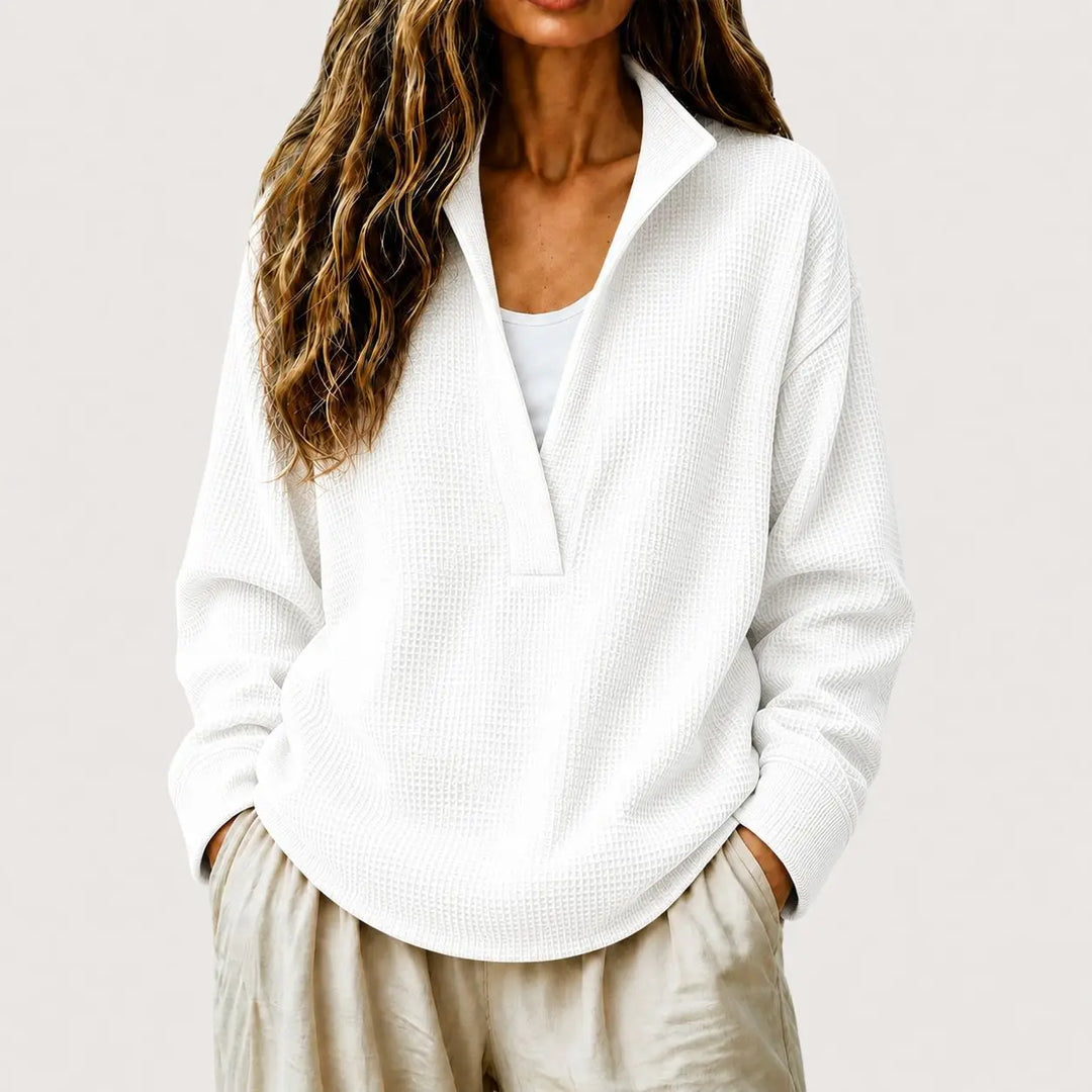 Callista split collar pullover sweater in white, front view