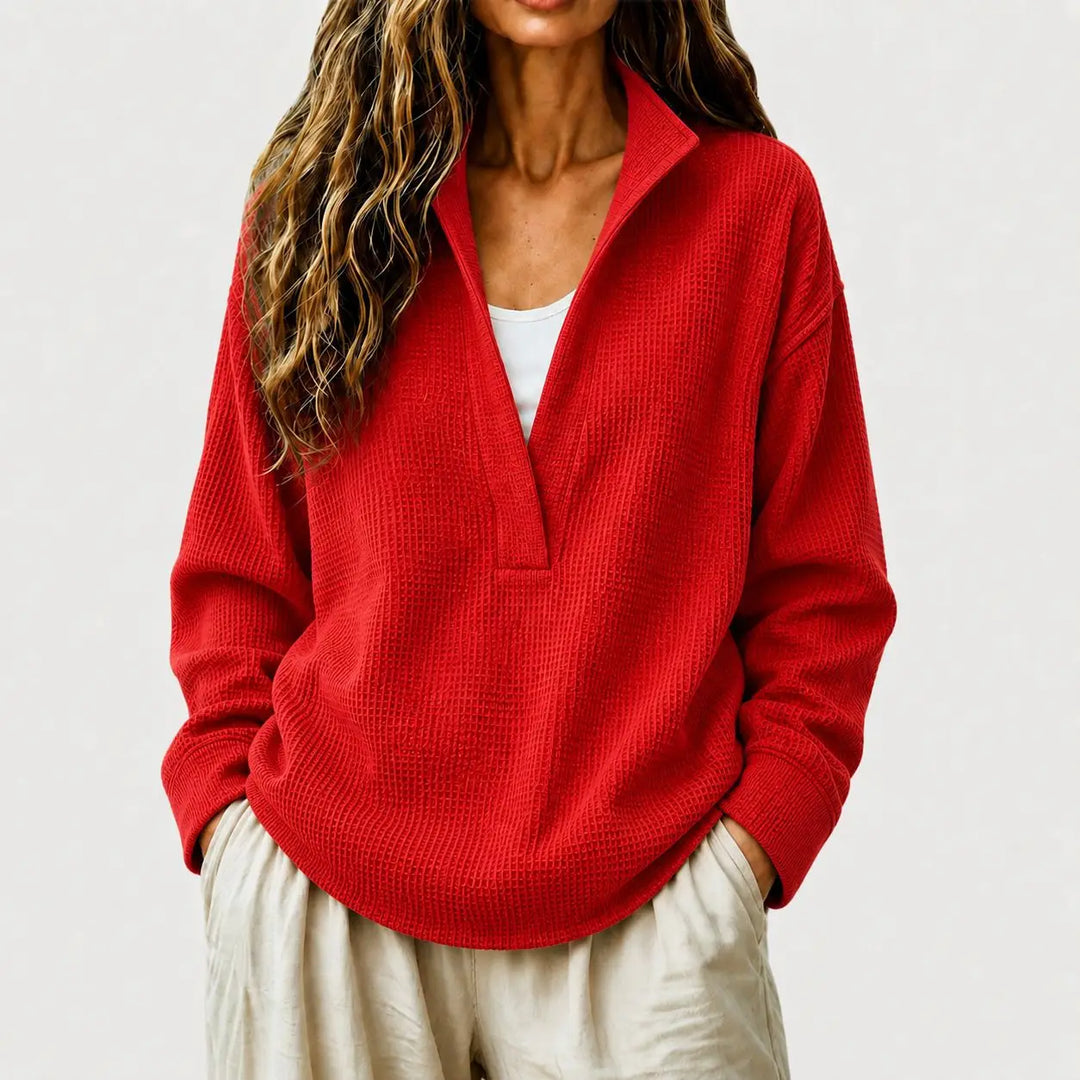 Callista split collar pullover sweater in red, front view