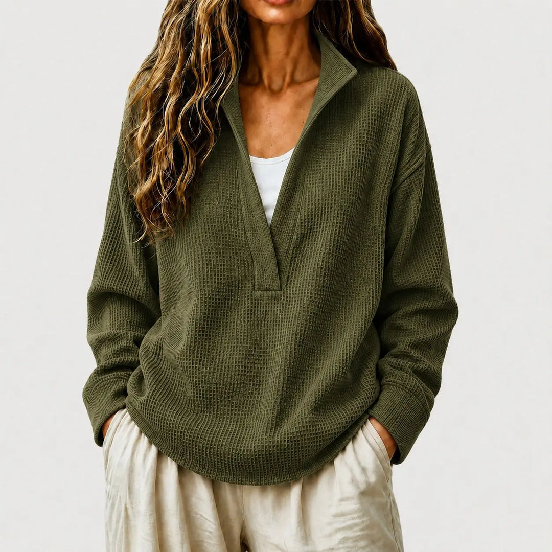 Callista split collar pullover sweater in red, front view