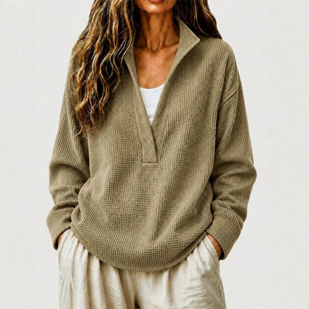 Callista split collar pullover sweater in red, front view