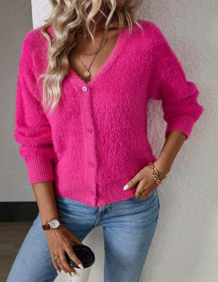 Camille fuzzy V-neck cardigan, close-up front detail