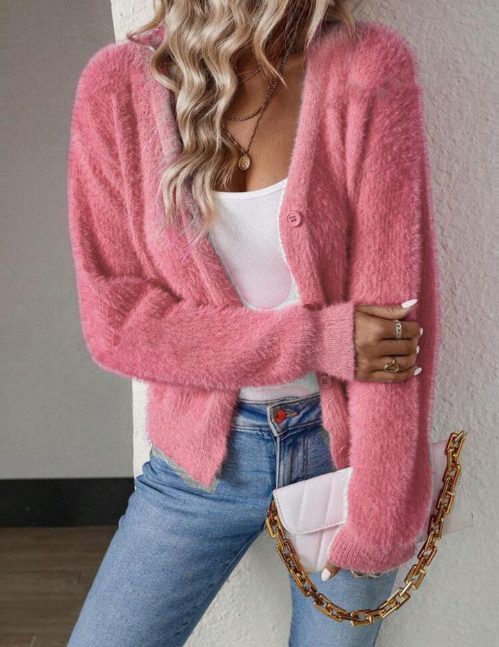 Camille fuzzy V-neck cardigan in pink, styled with white tank top