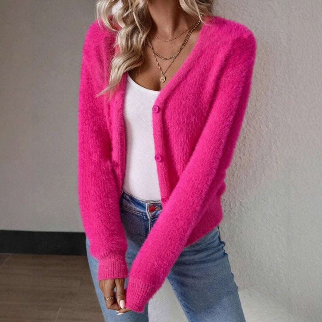 Camille fuzzy V-neck cardigan, side angle with crossbody bag