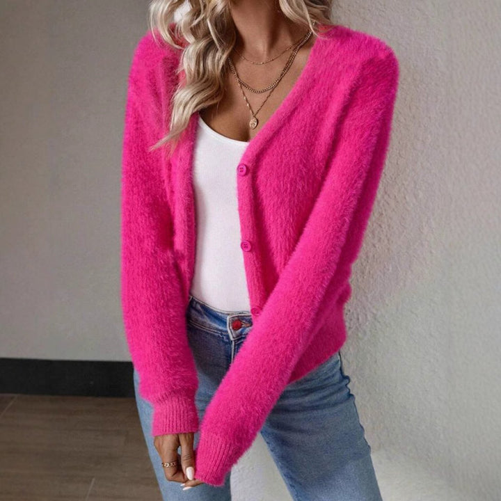 Camille fuzzy V-neck cardigan, side angle with crossbody bag