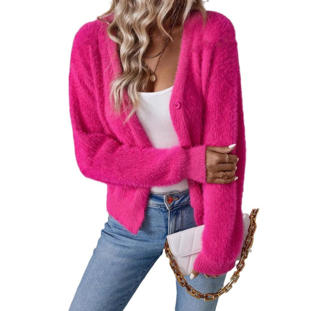 Camille fuzzy V-neck cardigan, front view with crossbody bag