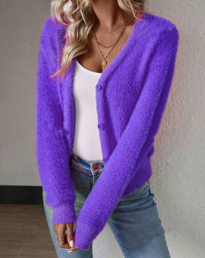 Camille fuzzy V-neck cardigan in purple, front view